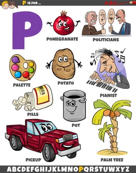 Cartoon illustration of objects and characters set for letter P
