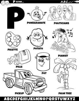 Cartoon illustration of objects and characters set for letter P coloring page