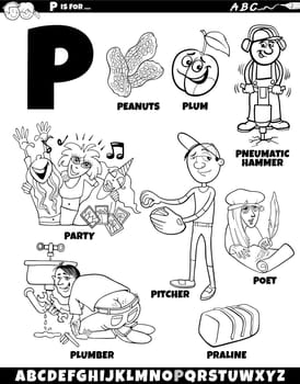 Cartoon illustration of objects and characters set for letter P coloring page