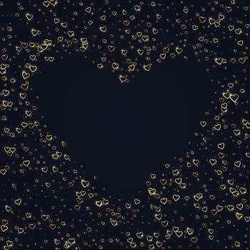 Flying hearts for valentine's day. Gold hearts scattered on black background. Beautiful flying hearts vector illustration.