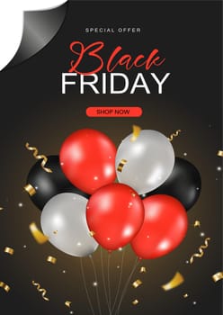 Black friday sale promotion banner with shiny balloons, Shopping sale and discount festive. Vector illustration.