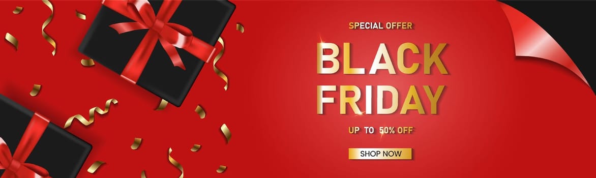 Black friday vertical sale banner with realistic gift box and ribbon text on red background. Vector illustration.