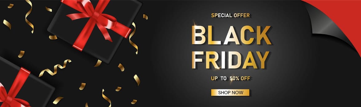 Black friday vertical sale banner with realistic gift box and ribbon text on black background. Vector illustration.