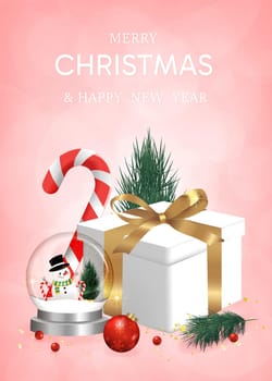 Happy New Year background. transparent christmas balls with star and box of gifts strewn with snow on pink background, realistic 3d decorative garland glow. Xmas Decorations. Vector illustration.