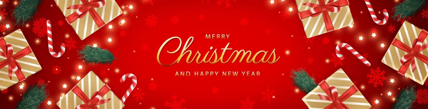 Christmas background. Classic red christmas banner design with realistic top view gift boxes with golden bows and glitter confetti and Merry Christmas and Happy New Year lettering. Vector.