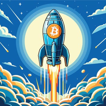 Comic book style illustration of a rocket with a Bitcoin emblem blasting off into space, amidst clouds and stars.