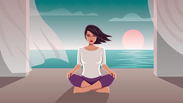 Art Deco style illustration of a serene woman meditating by the sea at sunset, exuding calm and tranquility.