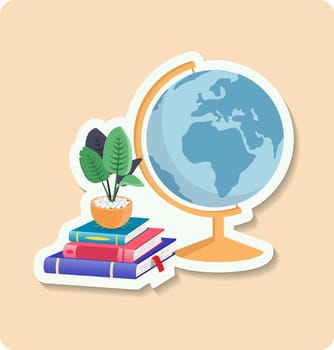 Globe sticker illustration. Ball, plant, books, stand. Vector graphics.