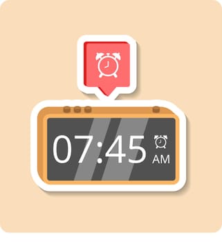 Alarm sticker illustration. Clock, numbers, time, plant, pot. Vector graphics.