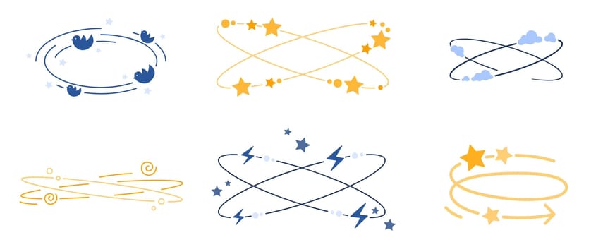 Dizzy line icons set. Vertigo and dizziness symbols collection with spinning stars and clouds motion, flying birds and scribbles, headache and stupid feeling, hangover metaphor vector illustration