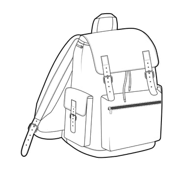 Adventure backpack silhouette bag. Fashion accessory technical illustration. Vector schoolbag 3-4 view for Men, women, unisex style, flat handbag CAD mockup sketch outline isolated
