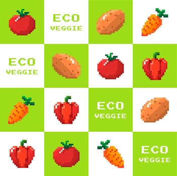 Organic vegetables from ecological farm. Pixelated eco veggies, potatoes and tomatoes, carrots and bell peppers. Tasty, natural dieting and detox. Rich vitamins and fiber source. Vector in flat style