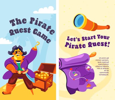 Pirate quest game, party or leisure activities for kids and adults. Treasure map with mark, searching for chest with gold. Weekend fun. Promotional banner or advertising, vector in flat style