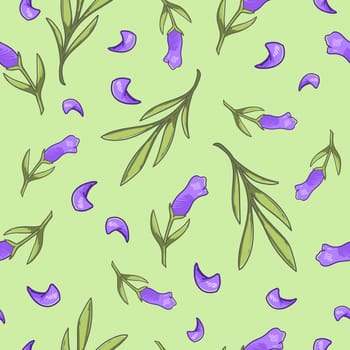 Floral decoration with leaves and petals. Elegant and tender lavender flowers in blossom. Wallpaper or background print, seamless pattern. Vector in flat style