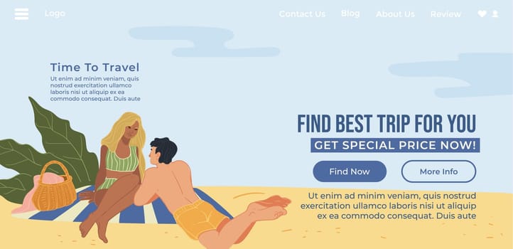 Find best trip for you, get special price now. Time to trave and enjoy seashore. Traveling and staying on beach, check for tours. Website landing page template, internet site, vector in flat style