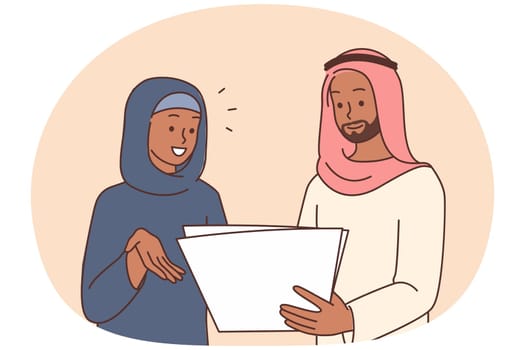 Smiling Arabic businesspeople in traditional clothes discussing paperwork. Happy muslim employees brainstorm about document. Vector illustration.