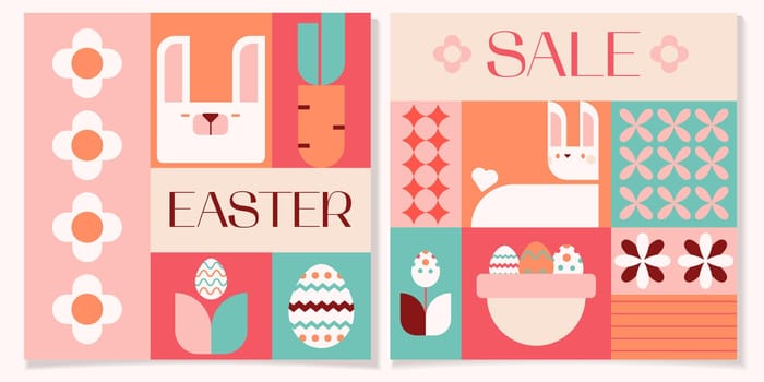 Easter sale geometric square bright flat template.Easter eggs,rabbits,basket,eggs hunt cards set.Vector illustration EPS 10.