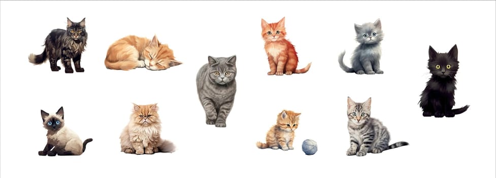Collection of Ten Diverse Cats in Various Poses - From Playful Kittens to Majestic Adult Cats