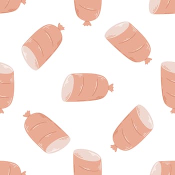 Ham seamless random pattern. Background with meat products. Boiled sausage stick print for packaging and product design, vector illustration