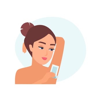 Girl epilating armpit using wax strip, hair removal in bathroom vector illustration