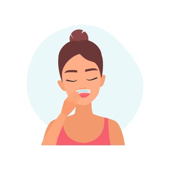 Girl epilating lip area using wax strip, hygiene skincare procedure vector illustration