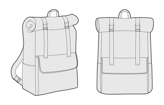 Everyday Expandable backpack silhouette bag. Fashion accessory technical illustration. Vector schoolbag front 3-4 view for Men, women, unisex style, flat handbag CAD mockup sketch outline isolated