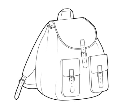 Round basket backpack silhouette bag. Fashion accessory technical illustration. Vector schoolbag 3-4 view for Men, women, unisex style, flat handbag CAD mockup sketch outline isolated