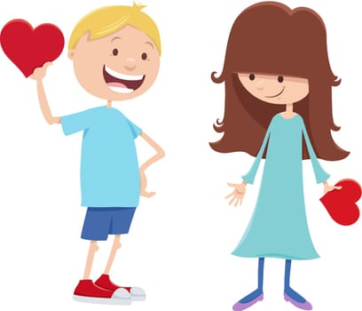 Cartoon illustration with girl and boy characters with Valentines Day cards