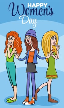 Women's Day greeting card or banner design with cartoon woman characters