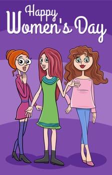 Women's Day greeting card or banner design with cartoon women characters