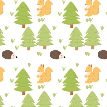 summer childish pattern with woddland animals. Vector illustration isolated. Can used for wrapping paper. wallpaper, poster.