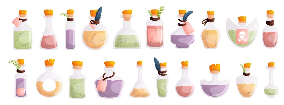 Set of twenty Magic bottles for witchcraft. Game potion. Cartoon elixir for strength mana and stamina, love potion poison and antidote in magic phials. Cartoon style