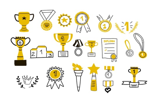Big set of Hand drawn doodle awards outline with yellow color icons. Vector illustration of winner trophy cup, champion medal, win diploma. Hand drawn sketch - champion, victory, success elements