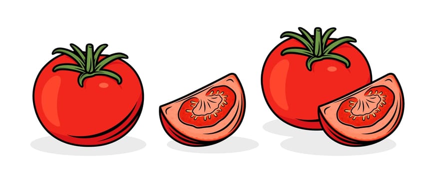 Flat Vector Fresh Tomato Icon Set Isolated. Whole and Quartered Tomatoes Design Templates for Recipes, Menus, Culinary. Organic Tomato Clipart, Logo, Front View.