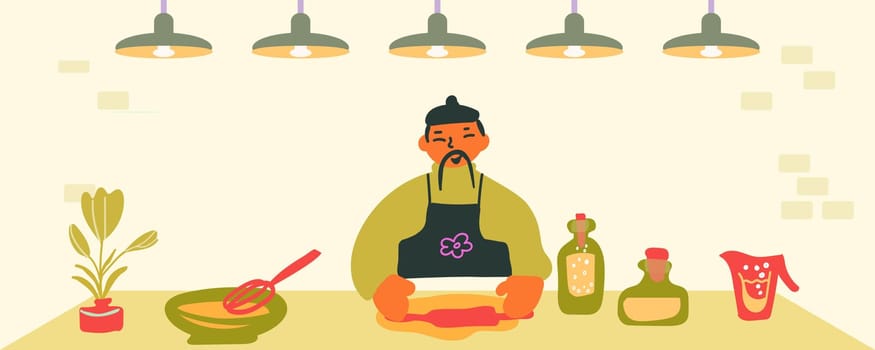Asian cuisine, chef, dough filling, sauce, cuisine, vector illustration.The chef prepares the filling for the dough. Preparing desserts and pastries. Kitchen, green interior. Asian cuisine. Man, cook, spices, dishes, sweets. Healthy eating concept. Vector illustration.