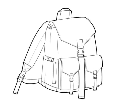 Clasp-fastening Front Flap backpack silhouette bag. Fashion accessory technical illustration. Vector schoolbag 3-4 view for Men, women, unisex style, flat handbag CAD mockup sketch outline isolated