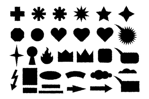 Shapes with a rough, ragged edge. Set of grunge elements for collage, sticker. Black icons. Heart crown arrow star circle bubble speech flame lightning square rectangle. Vector illustration.