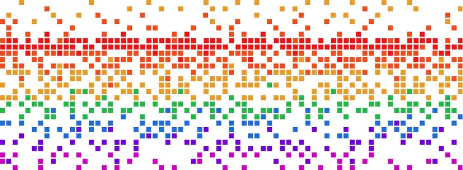 Rainbow pixel art seamless divider place in the middle. Falling apart mosaic pieces. Abstract. Bright colored horizontal pixel gradient.