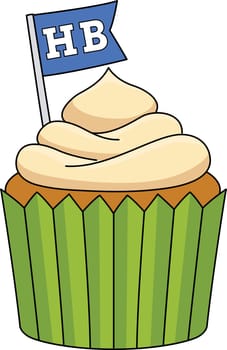 This cartoon clipart shows a Happy Birthday Cupcake illustration.