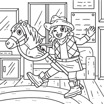 A cute and funny coloring page of a Cowgirl and Toy Horse. Provides hours of coloring fun for children. To color, this page is very easy. Suitable for little kids and toddlers.