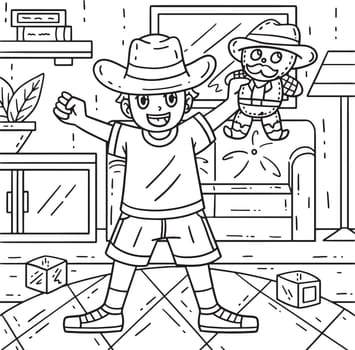 A cute and funny coloring page of a Boy with a Cowboy Toy. Provides hours of coloring fun for children. To color, this page is very easy. Suitable for little kids and toddlers.