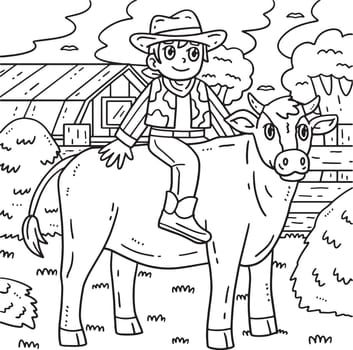 A cute and funny coloring page of a Cowboy Riding a Cattle. Provides hours of coloring fun for children. To color, this page is very easy. Suitable for little kids and toddlers.