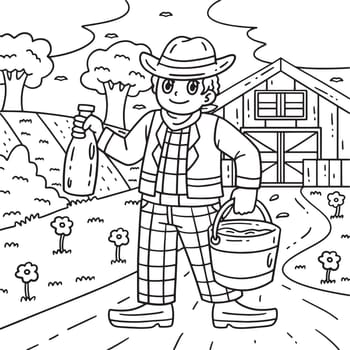 A cute and funny coloring page of a Cowboy Carrying Bucket of Cow Milk. Provides hours of coloring fun for children. To color, this page is very easy. Suitable for little kids and toddlers.