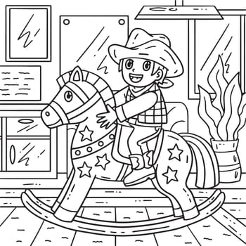 A cute and funny coloring page of a Cowboy Child on Rocking Horse Toy. Provides hours of coloring fun for children. To color, this page is very easy. Suitable for little kids and toddlers.