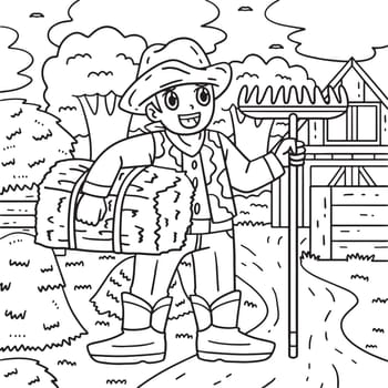 A cute and funny coloring page of a Cowboy with Rake and Hay. Provides hours of coloring fun for children. To color, this page is very easy. Suitable for little kids and toddlers.