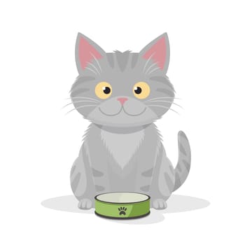 Vector Flat Gray Tabby Cat with Green Pets Bowl. Cartoon Cat Icon Isolated. Black Cute and Funny Cat in Front View.