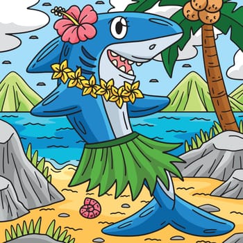 This cartoon clipart shows a Shark Wearing Flowers and Hula Skirt illustration.