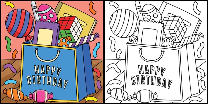 This coloring page shows a Birthday Loot Bags. One side of this illustration is colored and serves as an inspiration for children.