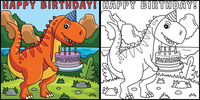 This coloring page shows a T Rex with Happy Birthday. One side of this illustration is colored and serves as an inspiration for children.