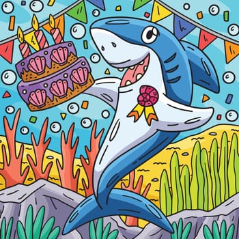 This cartoon clipart shows a Shark with a Birthday Cake illustration.
